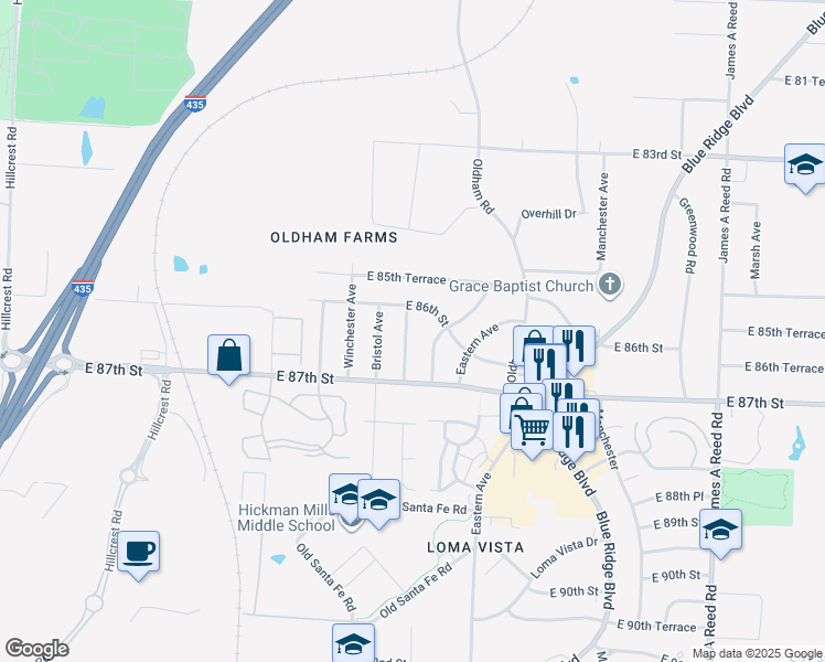 map of restaurants, bars, coffee shops, grocery stores, and more near 8606 Corrington Avenue in Kansas City