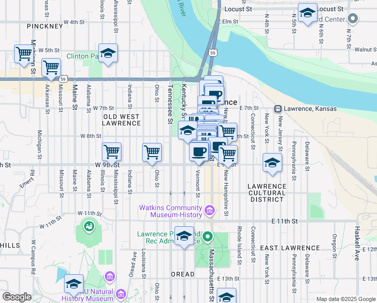 map of restaurants, bars, coffee shops, grocery stores, and more near 818 Kentucky Street in Lawrence
