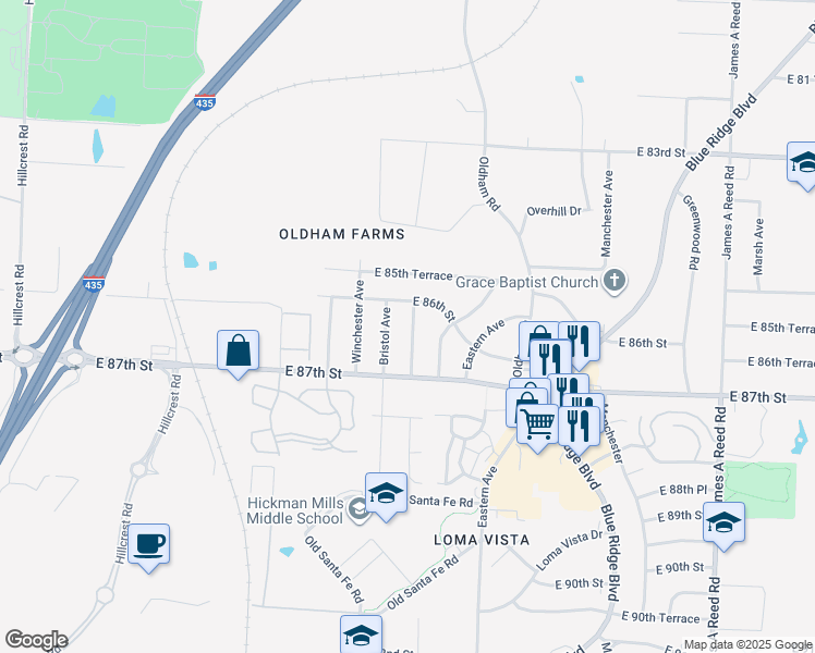 map of restaurants, bars, coffee shops, grocery stores, and more near 8606 Corrington Avenue in Kansas City