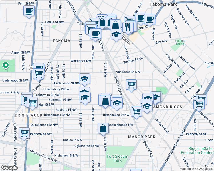 map of restaurants, bars, coffee shops, grocery stores, and more near 6417 3rd Street Northwest in Washington