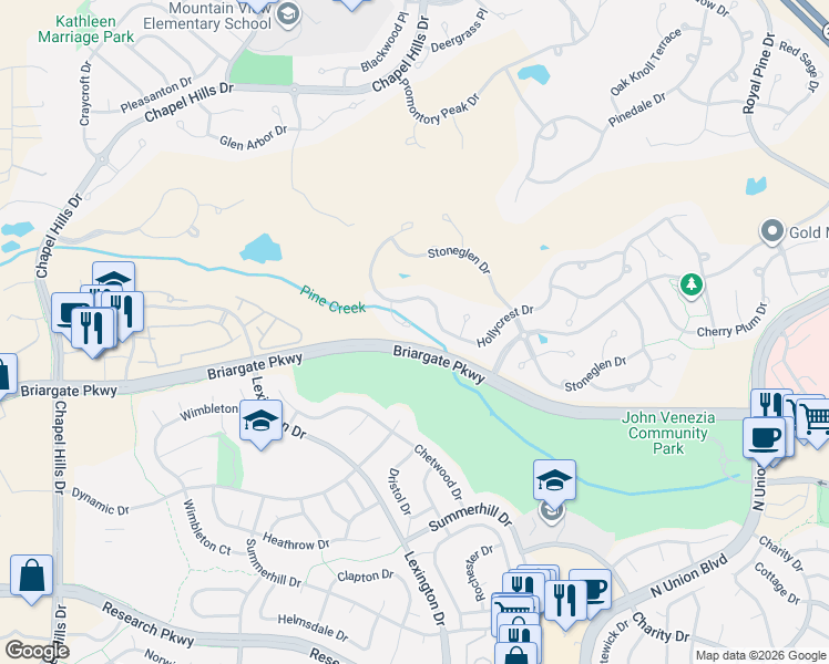 map of restaurants, bars, coffee shops, grocery stores, and more near 3235 Hollycrest Drive in Colorado Springs