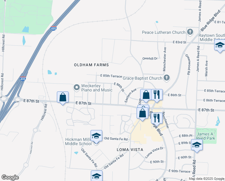 map of restaurants, bars, coffee shops, grocery stores, and more near 8606 Corrington Avenue in Kansas City