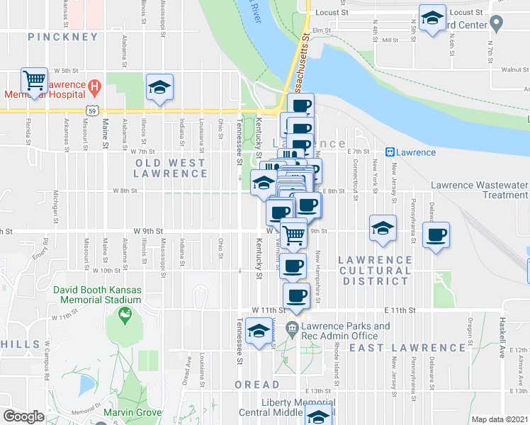 map of restaurants, bars, coffee shops, grocery stores, and more near 818 Kentucky Street in Lawrence