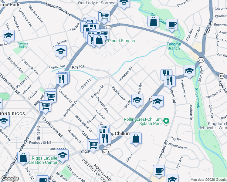map of restaurants, bars, coffee shops, grocery stores, and more near 905 Karlson Avenue in Hyattsville