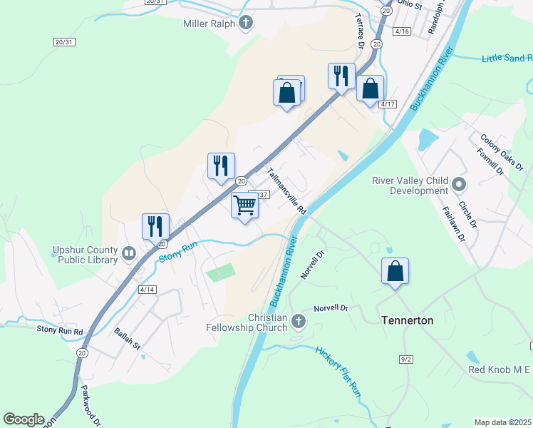 map of restaurants, bars, coffee shops, grocery stores, and more near 59 Thelma Avenue in Buckhannon