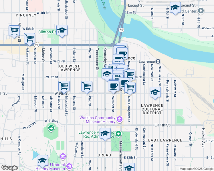 map of restaurants, bars, coffee shops, grocery stores, and more near 818 Kentucky Street in Lawrence