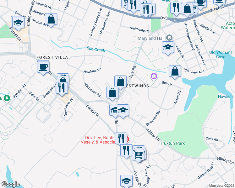 map of restaurants, bars, coffee shops, grocery stores, and more near 1029 Spa Road in Annapolis