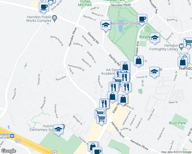 map of restaurants, bars, coffee shops, grocery stores, and more near 1191 Alabama Drive in Herndon