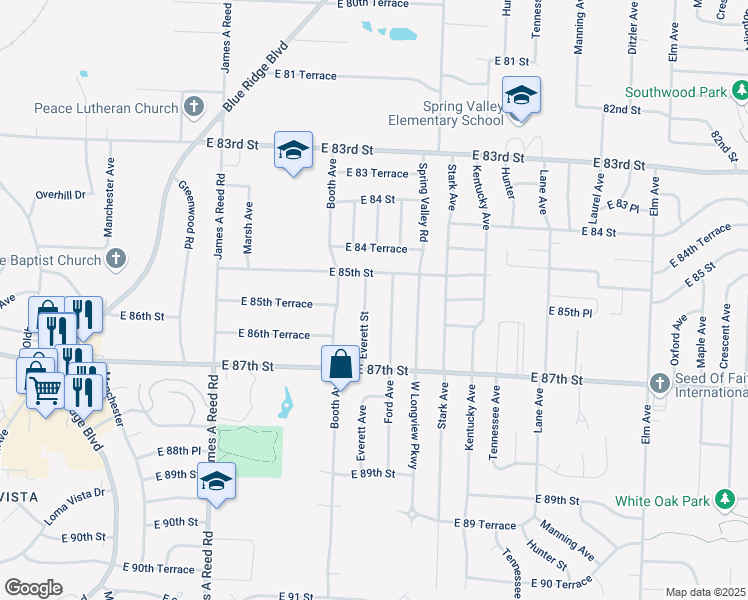 map of restaurants, bars, coffee shops, grocery stores, and more near 8505 Everett Street in Raytown