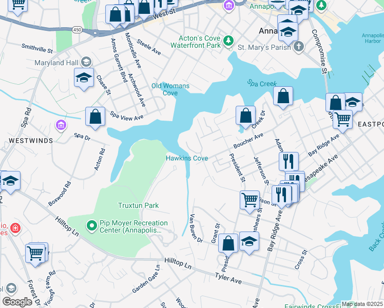 map of restaurants, bars, coffee shops, grocery stores, and more near 8 Spa Creek Landing in Annapolis