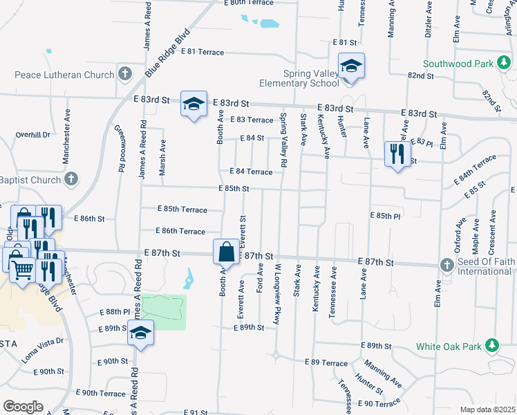 map of restaurants, bars, coffee shops, grocery stores, and more near 8505 Everett Street in Raytown