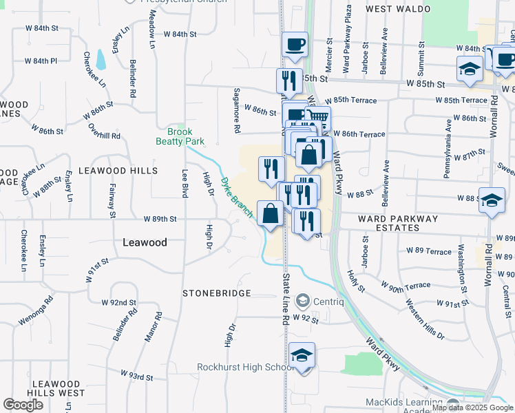 map of restaurants, bars, coffee shops, grocery stores, and more near 2020 West 89th Street in Leawood