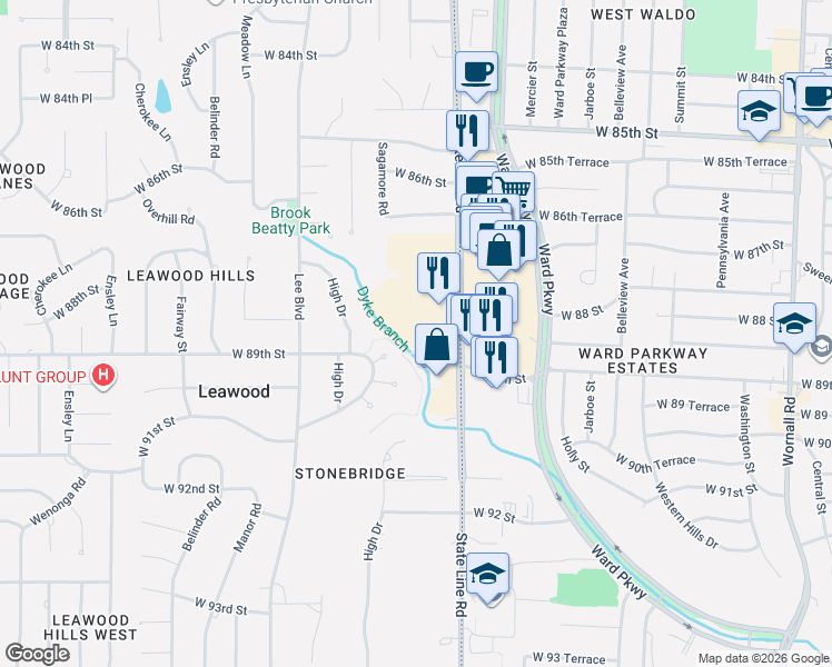 map of restaurants, bars, coffee shops, grocery stores, and more near 2020 West 89th Street in Leawood