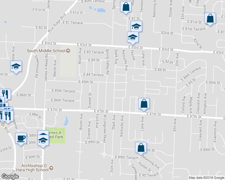 map of restaurants, bars, coffee shops, grocery stores, and more near 8506 Stark Avenue in Raytown