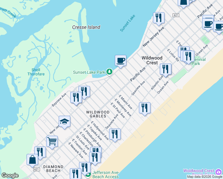 map of restaurants, bars, coffee shops, grocery stores, and more near 114 East Miami Avenue in Wildwood Crest