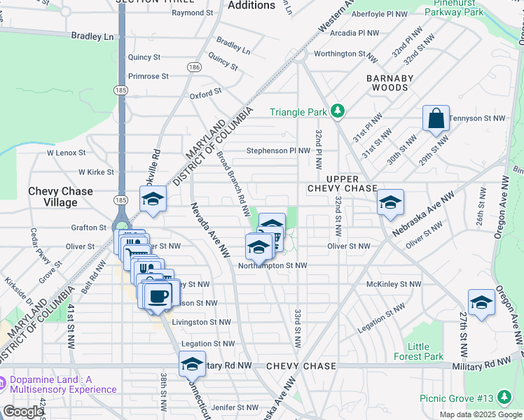 map of restaurants, bars, coffee shops, grocery stores, and more near 3336 Quesada Street Northwest in Washington