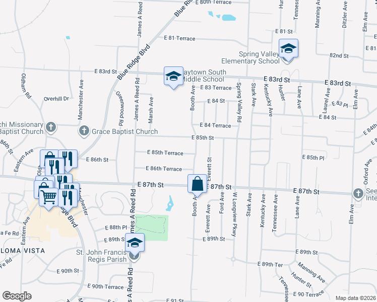 map of restaurants, bars, coffee shops, grocery stores, and more near 8512 Booth Avenue in Raytown