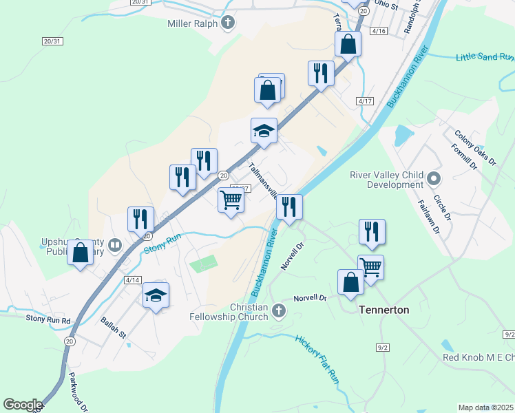 map of restaurants, bars, coffee shops, grocery stores, and more near 59 Thelma Avenue in Buckhannon