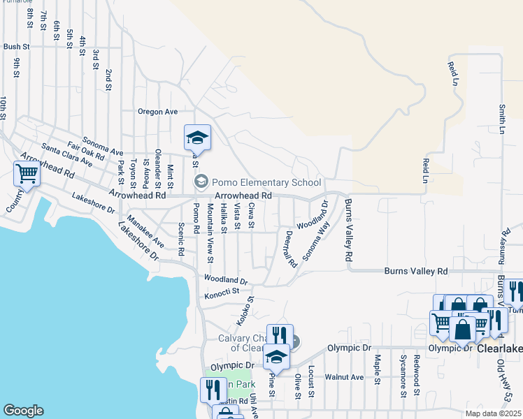 map of restaurants, bars, coffee shops, grocery stores, and more near 3563 Kakul Street in Clearlake