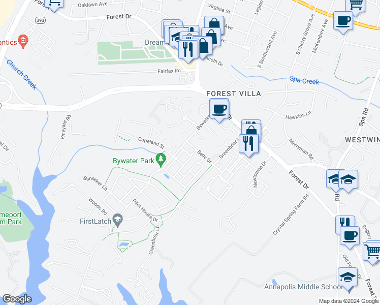 map of restaurants, bars, coffee shops, grocery stores, and more near 910 Bellweather Court in Annapolis