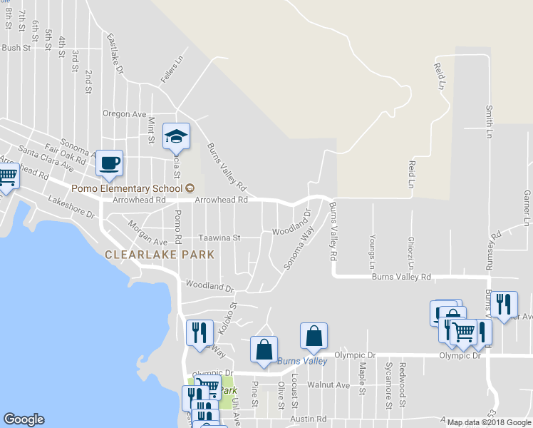 map of restaurants, bars, coffee shops, grocery stores, and more near 3524 Ukiah Street in Clearlake