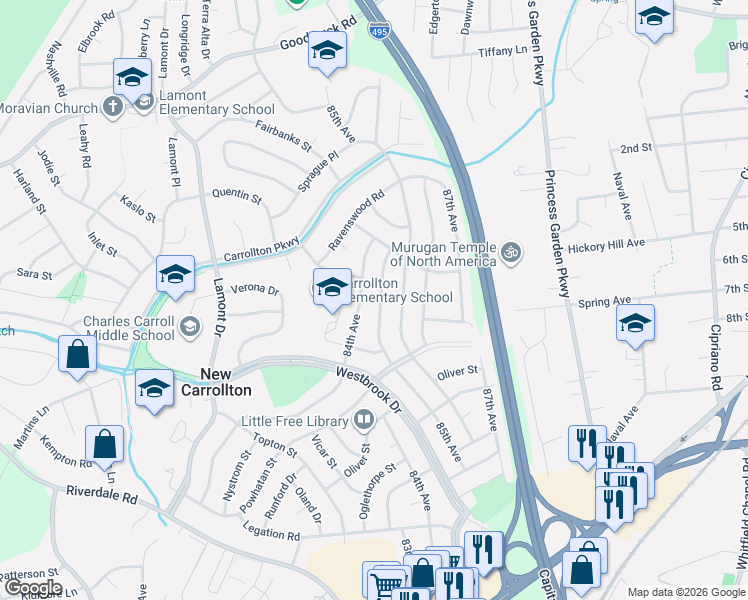 map of restaurants, bars, coffee shops, grocery stores, and more near 6120 85th Avenue in New Carrollton