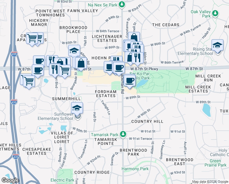 map of restaurants, bars, coffee shops, grocery stores, and more near West 88th Terrace in Lenexa