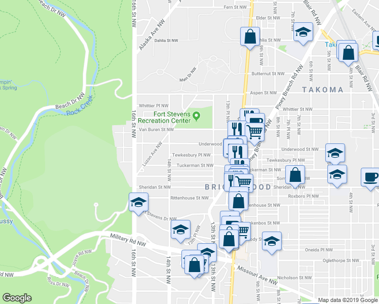 map of restaurants, bars, coffee shops, grocery stores, and more near 1355 Tewkesbury Place Northwest in Washington