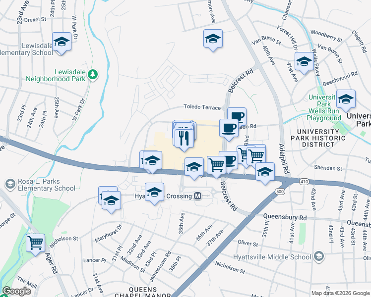 map of restaurants, bars, coffee shops, grocery stores, and more near 3500 East-West Highway in Hyattsville