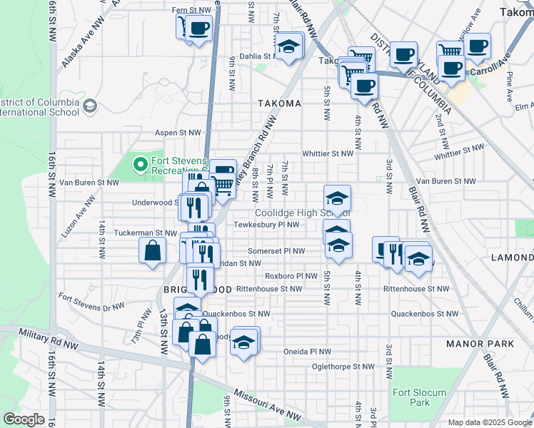 map of restaurants, bars, coffee shops, grocery stores, and more near 726 Underwood Street Northwest in Washington