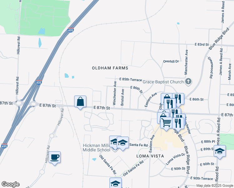 map of restaurants, bars, coffee shops, grocery stores, and more near 8607 Winchester Avenue in Kansas City