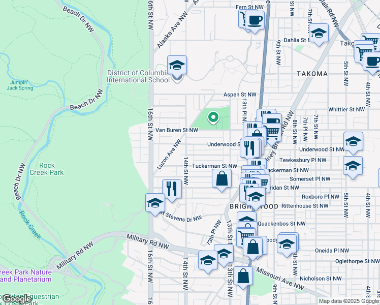 map of restaurants, bars, coffee shops, grocery stores, and more near 6425 14th Street Northwest in Washington