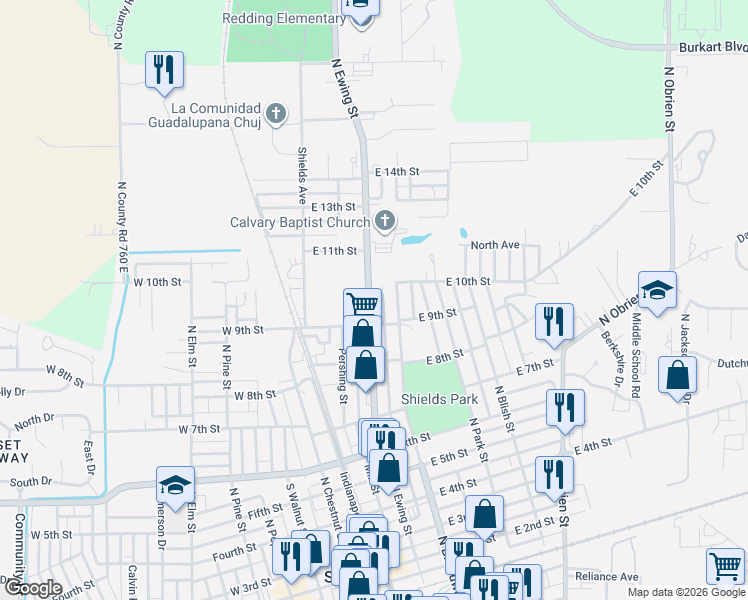 map of restaurants, bars, coffee shops, grocery stores, and more near 916 North Ewing Street in Seymour