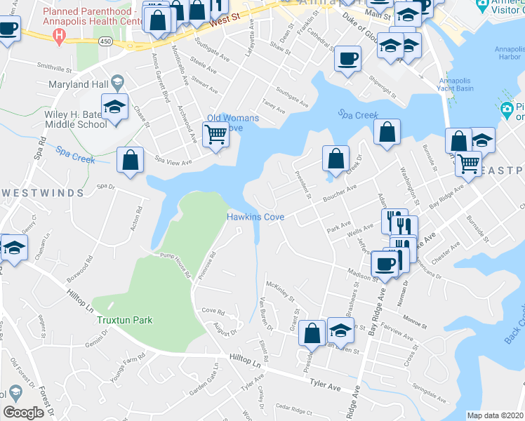 map of restaurants, bars, coffee shops, grocery stores, and more near 1A3 Spa Creek Landing in Annapolis