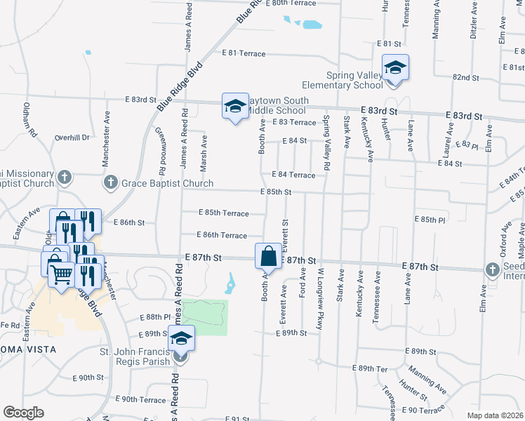map of restaurants, bars, coffee shops, grocery stores, and more near 8512 Booth Avenue in Raytown