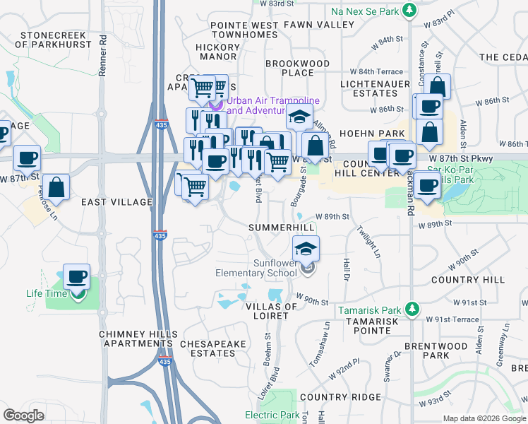 map of restaurants, bars, coffee shops, grocery stores, and more near 8812 Lakeview Avenue in Lenexa