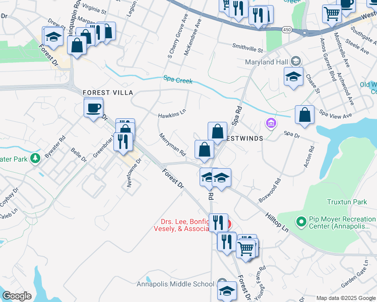 map of restaurants, bars, coffee shops, grocery stores, and more near 85 Heritage Court in Annapolis