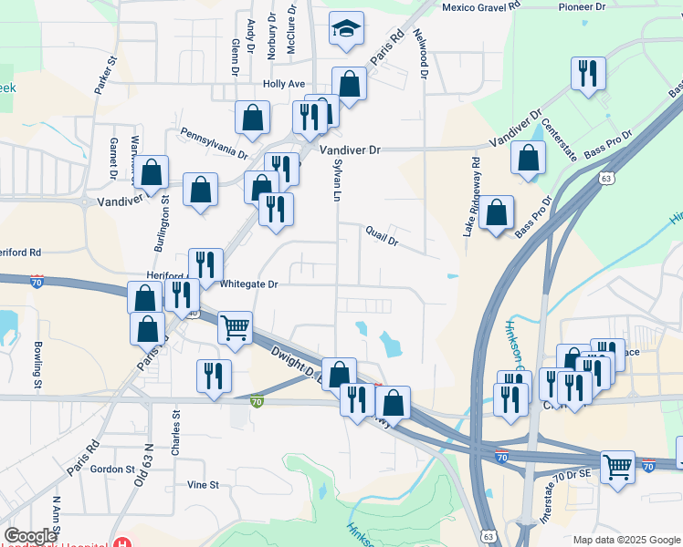 map of restaurants, bars, coffee shops, grocery stores, and more near 1604 Sylvan Lane in Columbia
