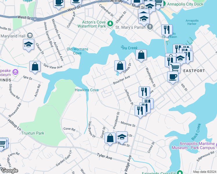 map of restaurants, bars, coffee shops, grocery stores, and more near 1117 Boucher Avenue in Annapolis
