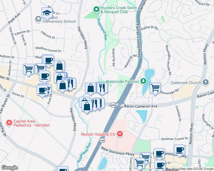 map of restaurants, bars, coffee shops, grocery stores, and more near 140 Laurel Way in Herndon