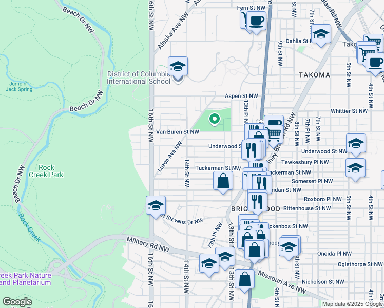 map of restaurants, bars, coffee shops, grocery stores, and more near 6425 14th Street Northwest in Washington