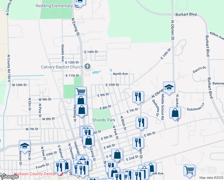 map of restaurants, bars, coffee shops, grocery stores, and more near 905 North Blish Street in Seymour