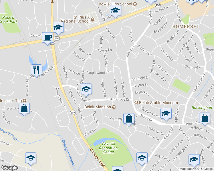 map of restaurants, bars, coffee shops, grocery stores, and more near 2913 Tapered Lane in Bowie
