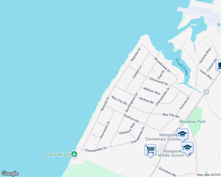 map of restaurants, bars, coffee shops, grocery stores, and more near 630 Bayside Drive in Stevensville