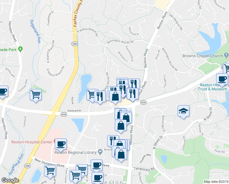 map of restaurants, bars, coffee shops, grocery stores, and more near 11950 Hollowwind Court in Reston