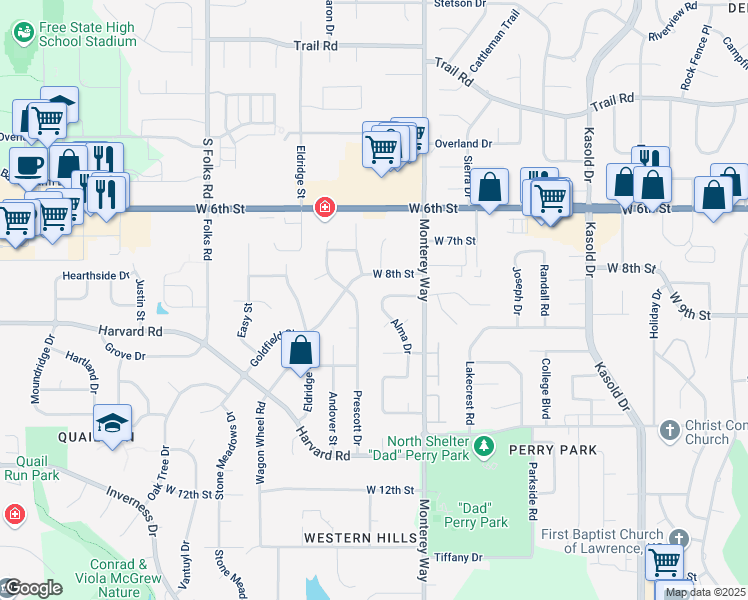 map of restaurants, bars, coffee shops, grocery stores, and more near 905 Alma Dr in Lawrence