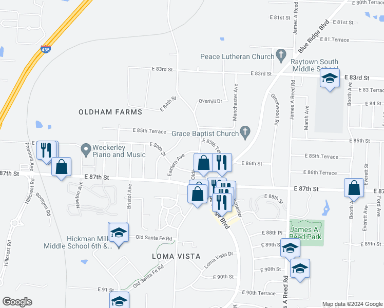 map of restaurants, bars, coffee shops, grocery stores, and more near 8503 Eastern Avenue in Kansas City