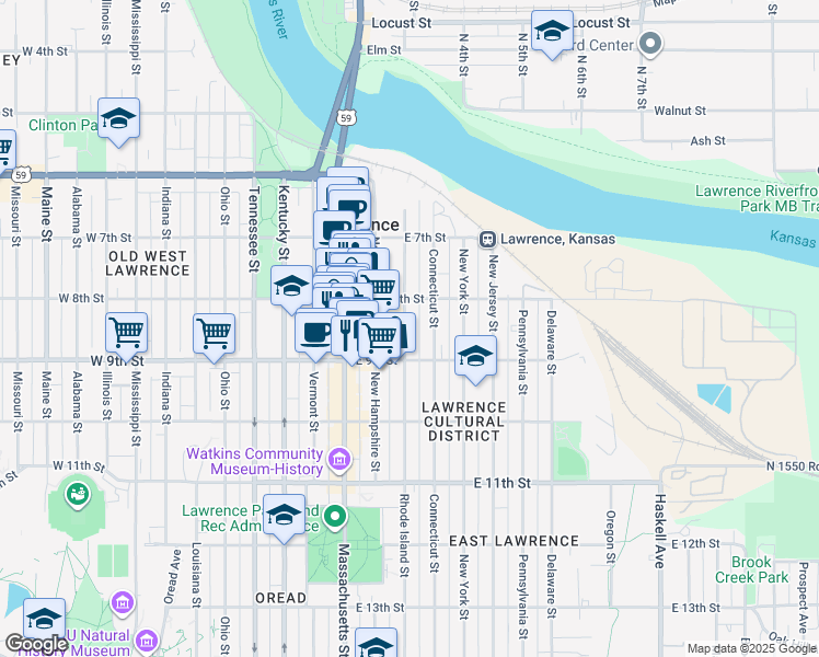 map of restaurants, bars, coffee shops, grocery stores, and more near 822 Rhode Island Street in Lawrence
