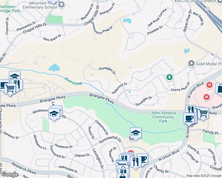 map of restaurants, bars, coffee shops, grocery stores, and more near 9625 Hollyleaf Court in Colorado Springs