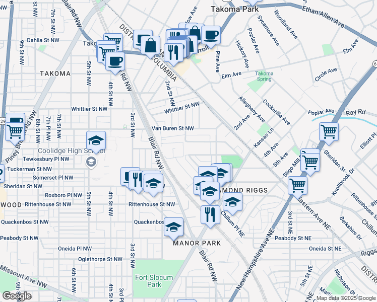 map of restaurants, bars, coffee shops, grocery stores, and more near 79 Underwood Street Northeast in Washington